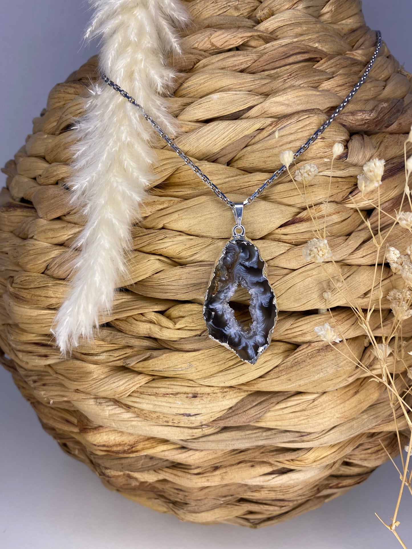 Achat Geodenscheiben Anhänger galvanisiert silber