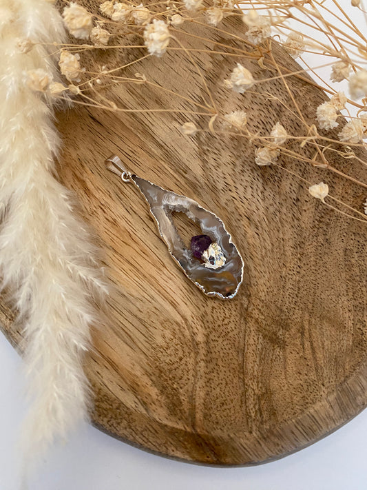 Achat Geodenscheiben Anhänger galvanisiert silberfarben mit Amethyst